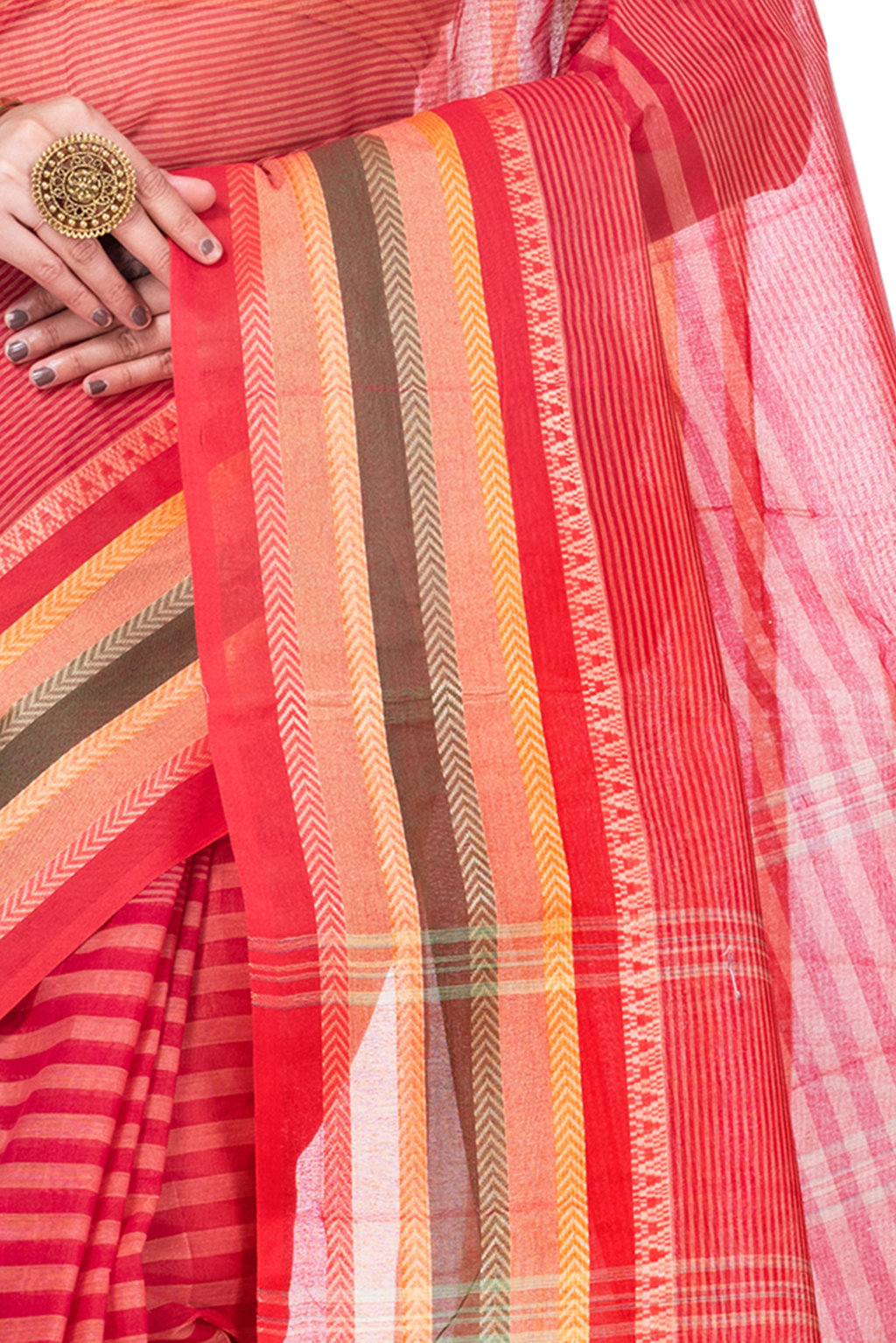 Red Pure Cotton Khajur_Churi_Strip Tant Saree (655)